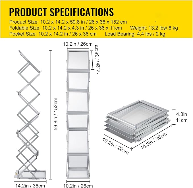 VEVOR Literature Rack, 6 Pockets, Pop up Aluminum Magazine Rack, Lightweight Catalog Holder Stand w/Carrying Bag for Living Room, Hotel, Trade Show, Exhibition, Office