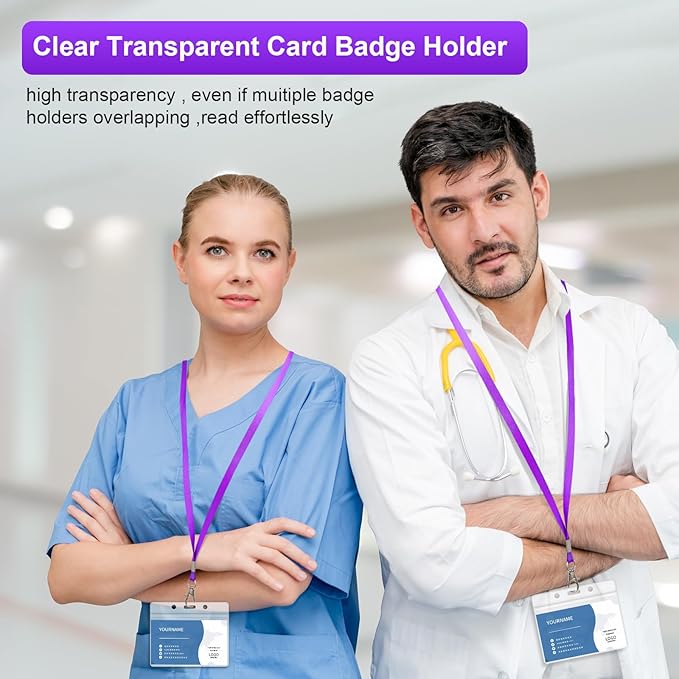100 Pack Lanyards for ID Badges with Clear Name Tags, Reusable Lanyards Horizontal ID Card Badge Holders Plastic Name Badges for Men Women Kids Business School and Office Supplies (Purple)
