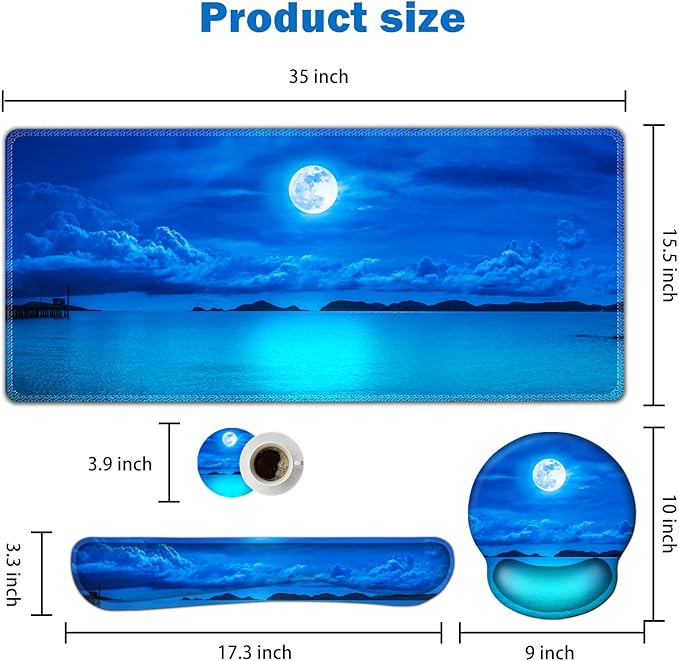 ARTSO Large Mouse Pad Set, Ergonomic Keyboard Wrist Rest Support, Memory Foam Gel Extended Non-Slip Desk Blotter Pad for Office, Home, Moon Blue Sea