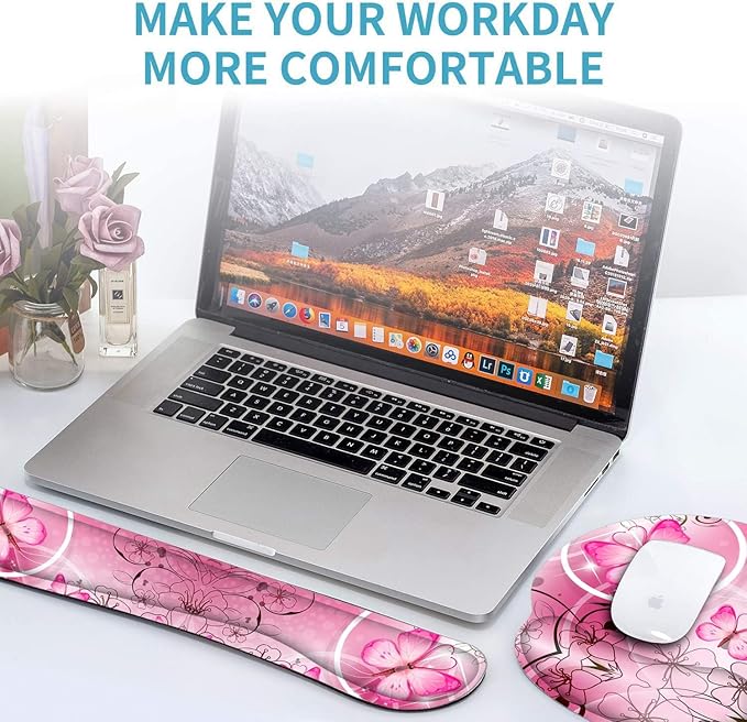 RICHEN Keyboard Wrist Rest and Mouse Pad with Wrist Support, Memory Foam Set for Gaming and Office, Comfortable & Lightweight for Easy Typing & Pain Relief (Pink Butterfly)