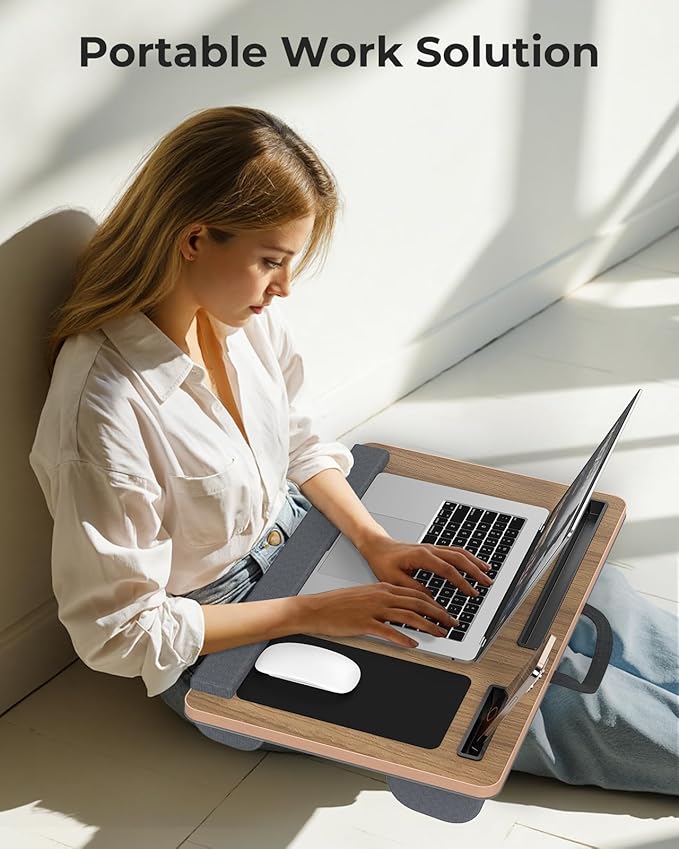 Lap Desk - Up to 17” Laptop Tray with Wrist Rest, Portable Handle, Fixed Mouse Pad, Tablet & Phone Slots, Laptop Stand for Bed with Cushion (Dark Brown Woodgrain)