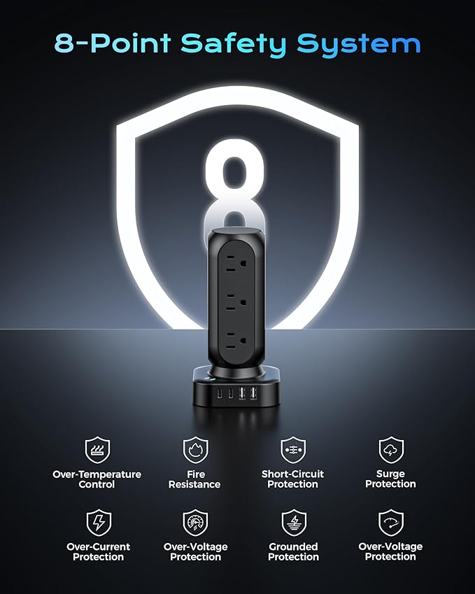 Tower Surge Protector Power Strip,12 AC Outlets & 8 USB Ports, Flat Plug 5FT Extension Cord with Multiple Outlets, 24W Outlet Extender Overload Protection for Home Office Room