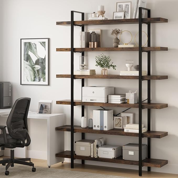 6 Tier Bookcase, 47 Inch Wide Wood Bookshelf, 120lbs Shelf Capacity, Rustic Open Shelving Industrial Display with Reinforced Horizontal Brown Shelves for Living Room Bedroom Office
