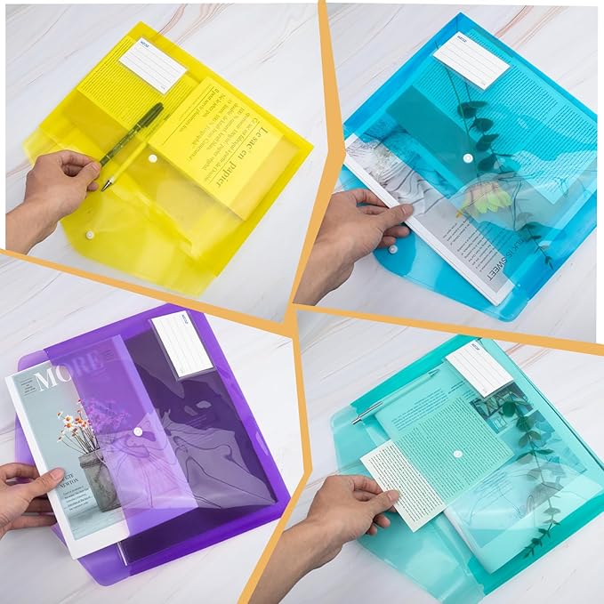 Plastic File Folders, 50 PCS Plastic Envelopes with Snap Closure, Folders for Documents, A4 Letter Size Clear Folders, File Bags, Reusable Document Pouch