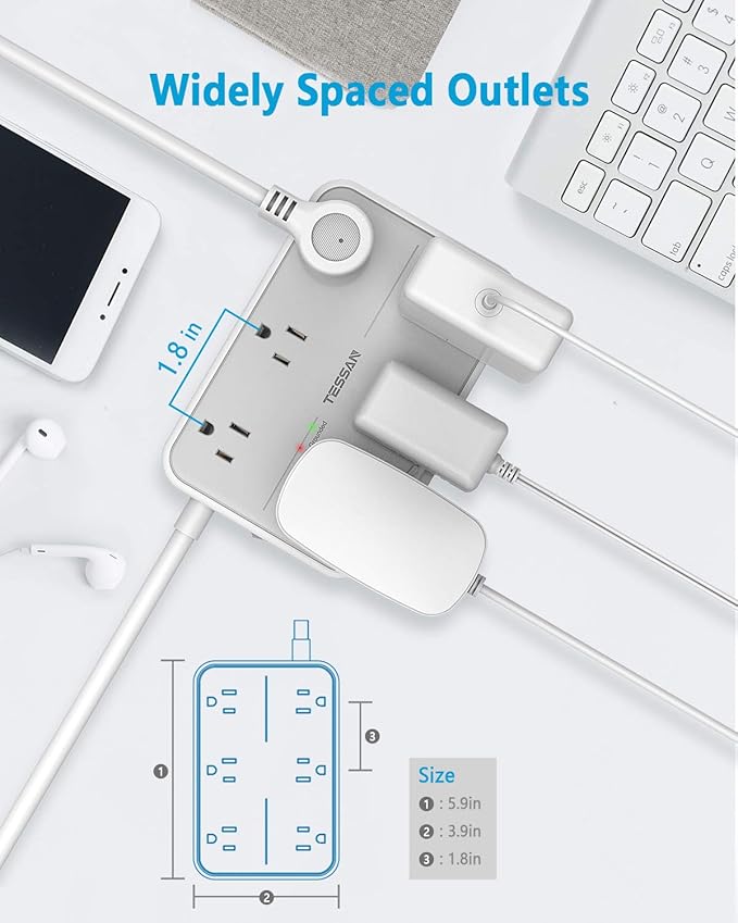 Power Strip Surge Protector Plug, TESSAN 15 FT Extension Cord with Multiple Outlets, 1080J Protection, 6 AC Outlets 3 USB Ports (3 USB A), Wall Mount for Home Office School Dorm Room Supplies