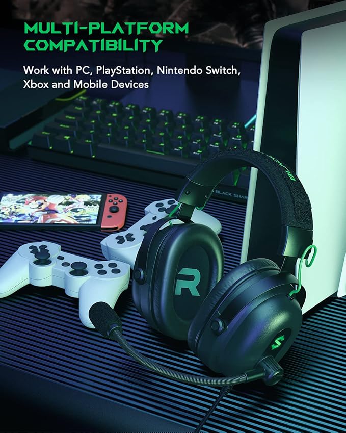 Black Shark Gaming Headset with Noise Canceling Cardioid Mic, Over-Ear Headphones for PC, PS4, PS5, Xbox, Switch, 50mm Dynamic Drivers & LED Light