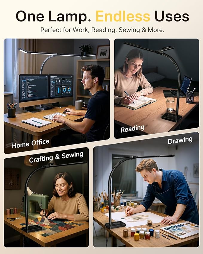 ONEMIX 42" LED Desk Lamp for Home Office, Eye-Caring Desk Light with Adjustable 4-Segment Bar, 1800LM Bright, Remote, Architect Table Lamp with Base for Dual Monitors, Reading, Study, Workbench(Black)