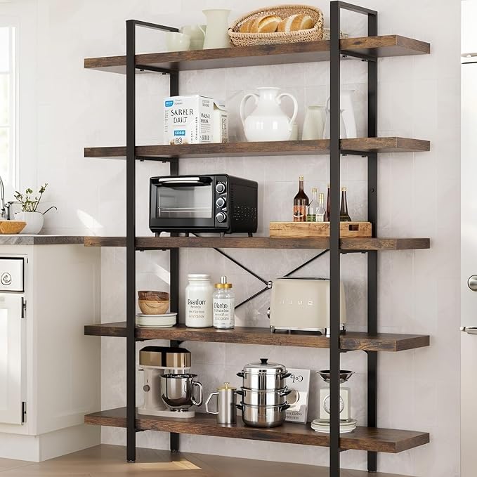 5 Tier Bookcase, 47 Inch Wide Wood Bookshelf, 120lbs Shelf Capacity, Rustic Open Shelving Industrial Display with Reinforced Horizontal Brown Shelves for Living Room Bedroom Office 2 Set