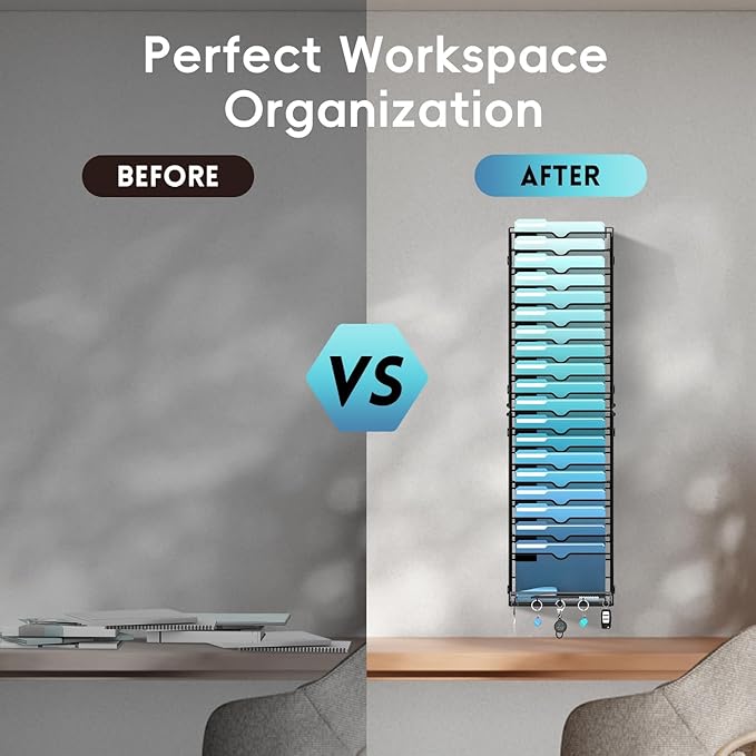 20-Tier Wall File Organizer with 5 Hooks, Hanging Mail Organizer Wall Mounted File Holder, Magazine Rack for Papers, Folders, Magazines, Office Organization, Assembly Needed, Black