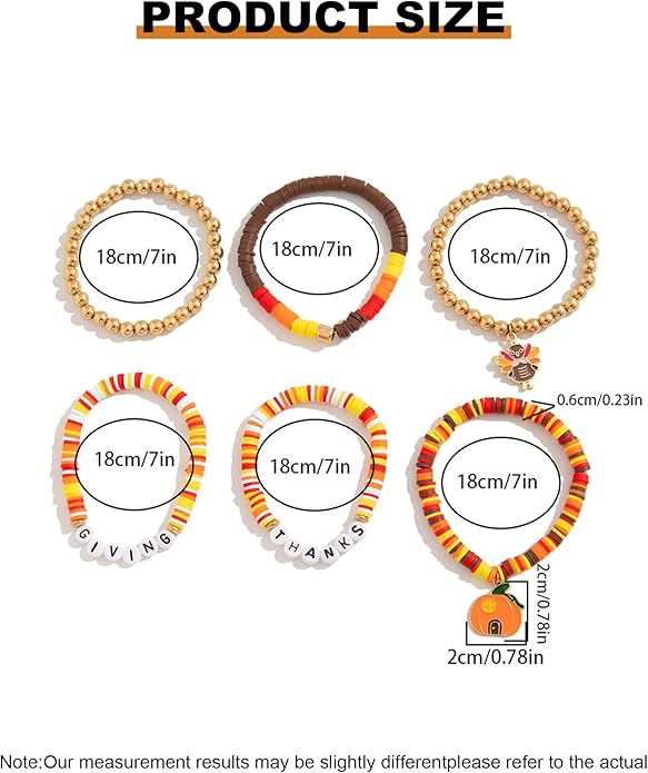 Thanksgiving Bracelets Set for Women Fall Pumpkin Turkey Maple Leaf Charm Bracelets Thanksgiving Polyester Clay Heishi Beads Stretch Brace-lets Thanks-giving Fall Jewelry Accessories Gifts for Her