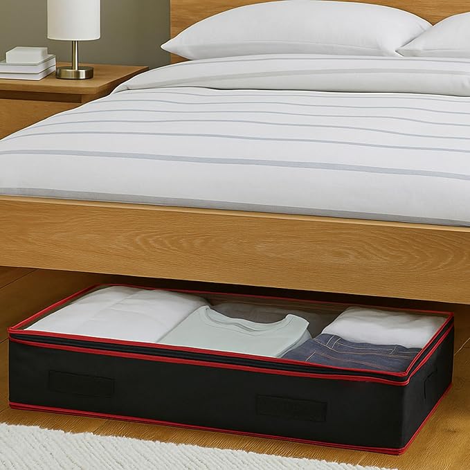 6 Inches Under Bed Storage Containers with Clear Lids | Pack of 12 Underbed Shoe Storage Foldable Clothes Organizer Bins for Blankets, Pillows, Sturdy Handles, Dustproof, & Seasonal Items