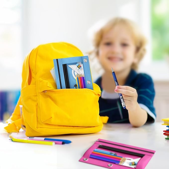 DoDoMagxanadu Binder Pencil Pouches, Pencil Pouch for 3 Ring Binder, Double Pocket Clear Window Pencil Case for Binder, Zippered Pencil Pouches with Rivet Enforced 3 Ring, 6 Pack