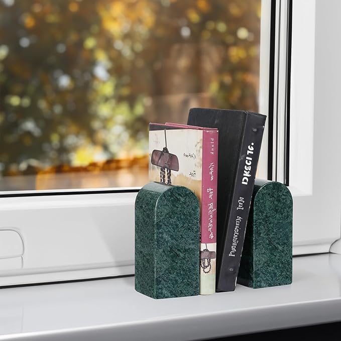 Koville Indian Natural Marble Bookends for Shelves, Decorative Book Ends, 7lbs Heavy-Duty Marble Book Holders, Bookshelf Apartment Decor for Normal Books/CD/Video Games(Indian Green)