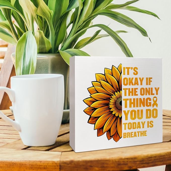 Therapy Office Desk Wooden Box Sign Decor, Suicide Prevention Sunflower Wood Box Sign Decorations for School Psychologist Therapy Office, Gifts for Therapist Psychologist School Counselor, It's Okay