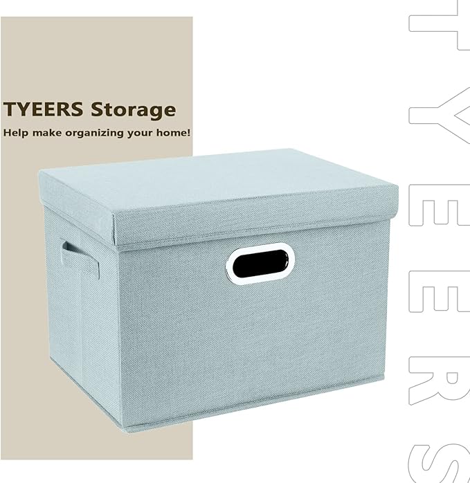 TYEERS Large Storage Bins with Lids, Collapsible, Washable, Fabric Storage Boxes for Organizing, 17.3x11.8x11.4 inches, 3 Pack, Aqua Spring