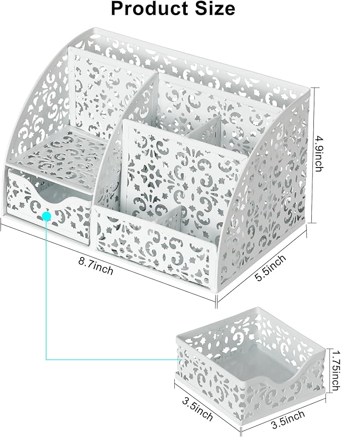 EasyPAG Pen Holder Desk Organizer with Drawer Pencil Cup for Desk 6 Compartments Metal Office Caddy Storage with Sticky Notes Holder for School Home Office, White