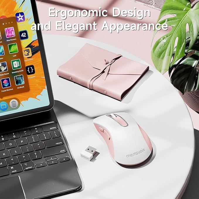 memzuoix 2.4G Wireless Mouse, 1400 DPI Computer Mice with USB Receiver, Portable Wireless USB Mouse Battery Powered Cordless Mice for Laptop, PC, Desktop, 5 Buttons (White Pink)
