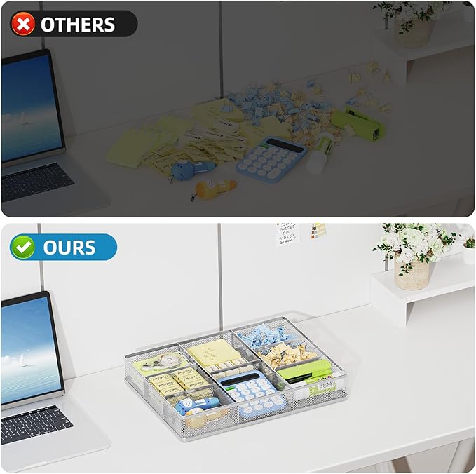 Marbrasse Desk Drawer Organizer, Metal Mesh Drawer Organizer Tray with 5 Adjustable Compartments,Desk Organizers and Accessories for Home,Office,Kitchen,Makeup,Vanity (Silver)