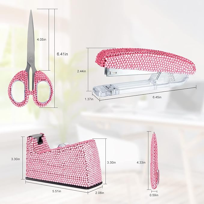 Office Stationery Set,Desk Accessory Kit, Home Office Necessary- Stapler & Desktop Tape Dispenser & Ballpoint Pens & Scissor 4 Piece Office Desk Accessories Kits(Pink)