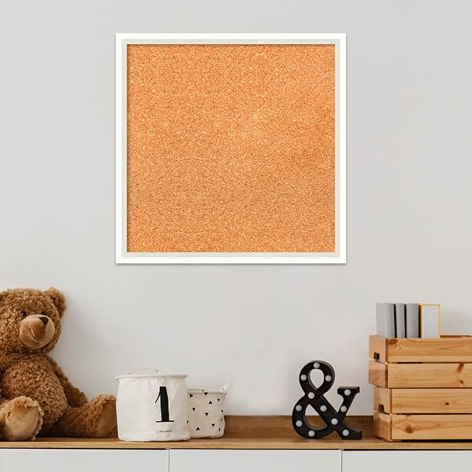 Amanti Art Natural Cork Board for Wall, 17x17 Vision Board with White Frame, Small Corkboard Office Decor for Home Organization, Modern Corkboard Pinboard to Display Items for Home Organization in