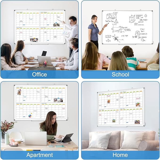 Dry Erase Calendar for Wall 4 Month, WALGLASS 48" x 36" Large Double-Sided White Board Calendar, Dry Erase Monthly Whiteboard, Silver Aluminum Frame Hanging Wall Mounted Board for Office Home School