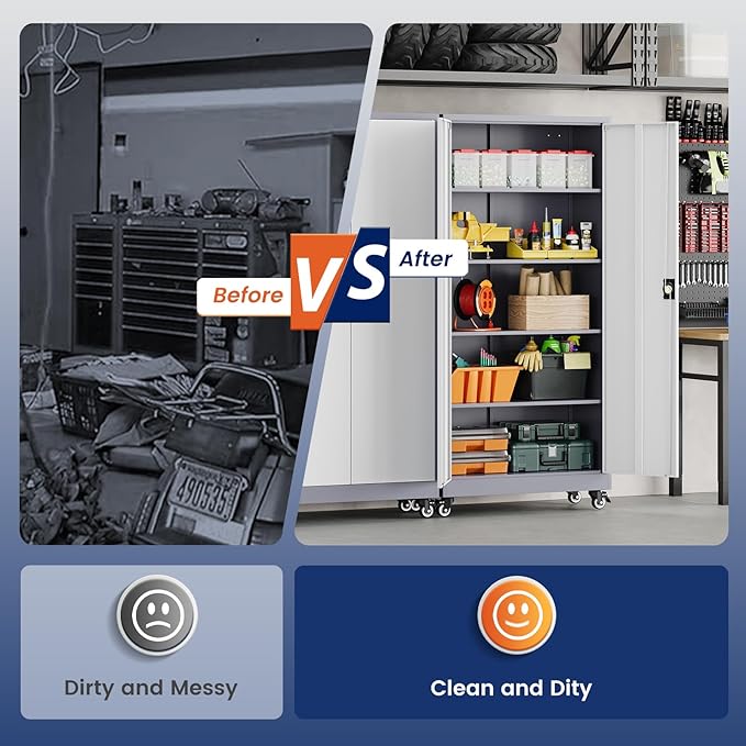 Yizosh Metal Garage Storage Cabinet with Locking Doors and Adjustable Shelves,- 75" Rolling Steel Tool Cabinet for Home Office,Garage,Warehouse
