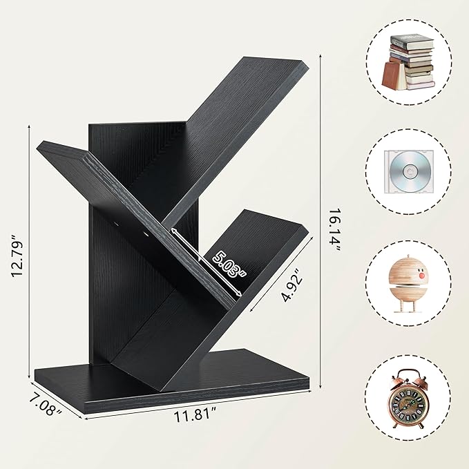 Tajsoon Tree Bookshelf 3 Tier Book Shelves Storage Organizer, Desktop Bookshelf Floor Standing Bookcase Display for CDs/Magazine/Books, Small Bookshelf for Bedroom, Living Room&Office, Black