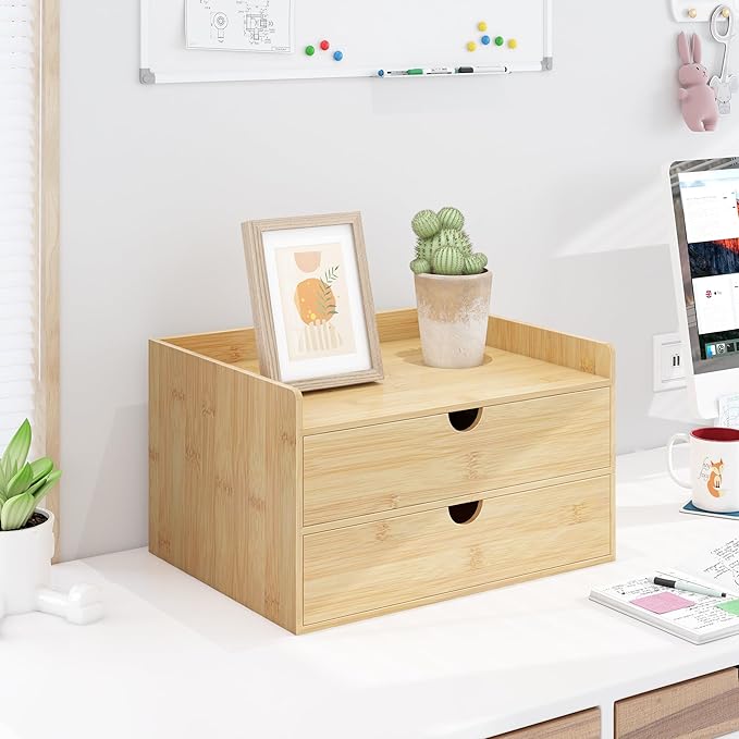 Wisuce Bamboo Desk Drawer Organizer, Large Desktop Organizer with Drawers Tabletop Storage Organization Box for Office Home Toiletries Supplies Vanity, No Assembly Required (2 Drawer with Shelf)
