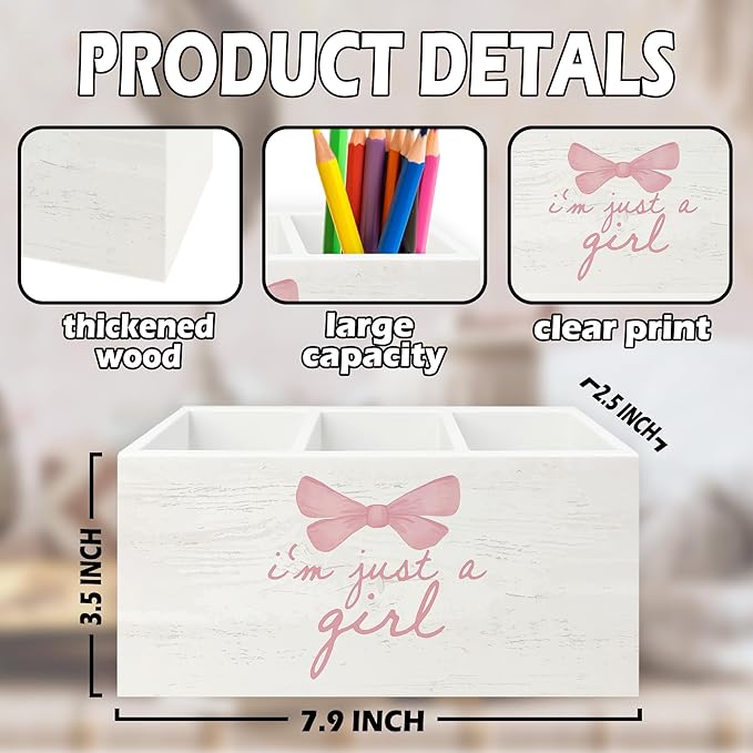 Pink Coquette Bow Preppy Pen Pencil Holder Organizer for Desk, Preppy Desk Decor, I'm Just a Girl Pink Wooden Box Sign for Girly Room Bedroom Dorm Tabletop Decorations