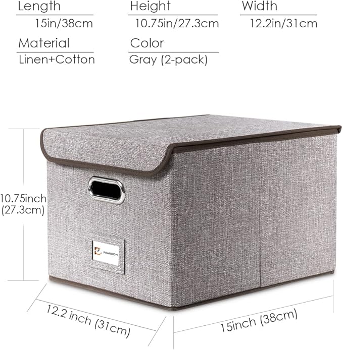 PRANDOM File Organizer Box - Set of 2 Collapsible Decorative Linen Filing Storage Hanging File Folders with Lids Office Cabinet Letter Size (15x12.2x10.75 inch)