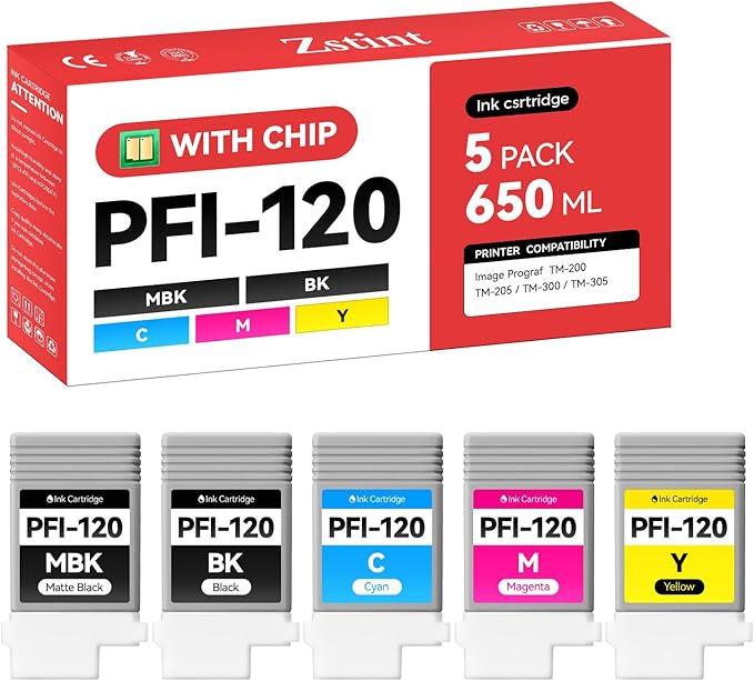 PFI-120 Pigment Ink Tank Set 5-Pack 130ml High Capacity Replacement for Canon PFI-120 PFI120 Ink Cartridges Compatible with Canon imagePROGRAF TM-200 TM-205 TM-300 TM-305 Printer Black Yellow Magenta