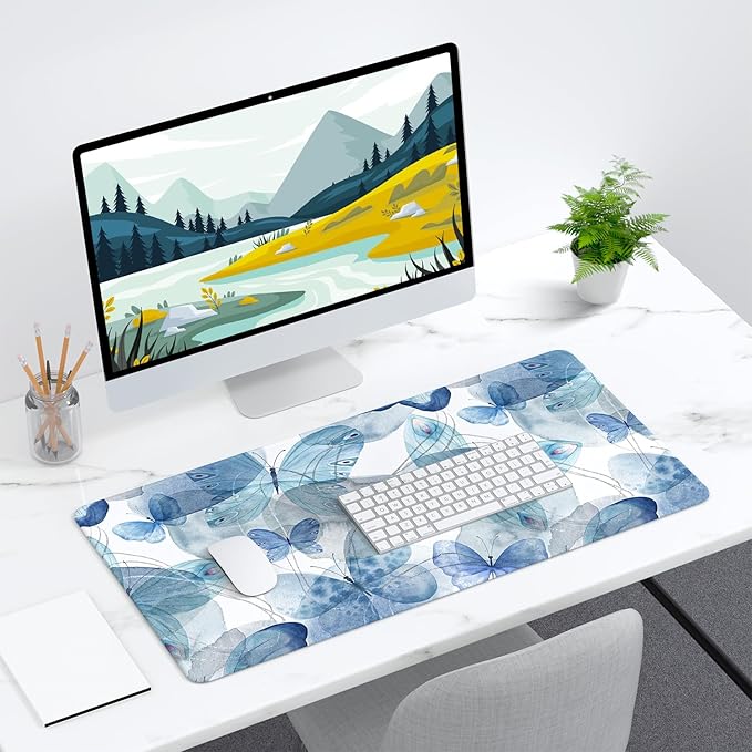 Desk Mat, 32" x 16" XXL Extended Large Gaming Mouse Pad, Desktop Decor Desk Pad, Cute Men Women Office Supplies and Accessories, XL Mouse Mat for Laptop & Keyboard, Blue Butterfly