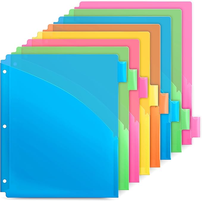 Dunwell 8-Tab Binder Dividers with Slash Pocket, Plastic 1 Pocket Dividers with Index Tabs for 3 Ring Binder, Multicolor, Poly Subject Notebook Divider, Binder Pocket Includes Label Inserts