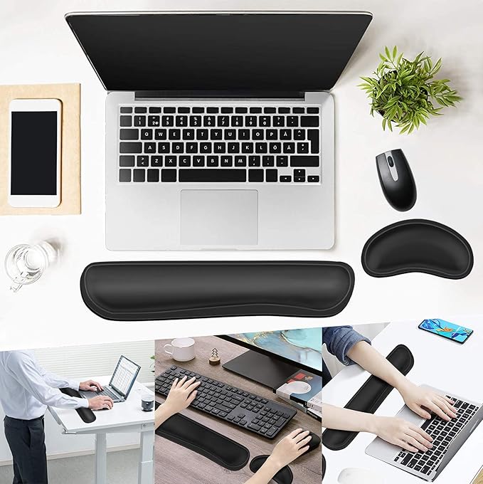 Dapesuom Keyboard Wrist Rest Set, Cute PU Leather Wrist Cushion for Computer Keyboard and Mousepad, Memory Foam Mouse Pad Rests Support with Non-Slip Base for Typing Pain Relief, Laptop, Black