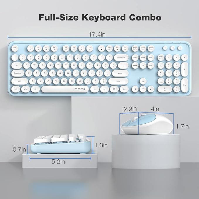 MOFII Wireless Keyboard and Mouse Combo, Computer Full Size 2.4G Plug and Play Wireless Typewriter Retro Round Keyboard and Mouse Set for Windows, Computer, Desktop, PC, Notebook - (Light Blue)
