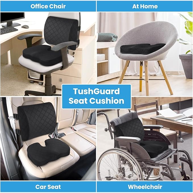 TushGuard Office Chair Cushions with Handles, Back&Seat Cushion, Sciatica & Back Coccyx Tailbone Discomfort Easing Chair Pad, Memory Foam Lumbar Support Pillow for Gaming, Desk, Car (Black, X-Large)