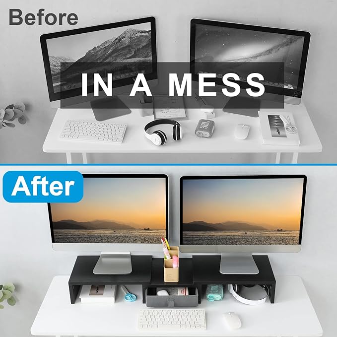 TEAMIX Dual Monitor Stand Riser with Drawer - Length and Angle Adjustable Double Monitor Riser Corner Desk Shelf Organizer 37 inch Long Monitor Riser for 2 Monitors/Laptop/PC/Screen/TV