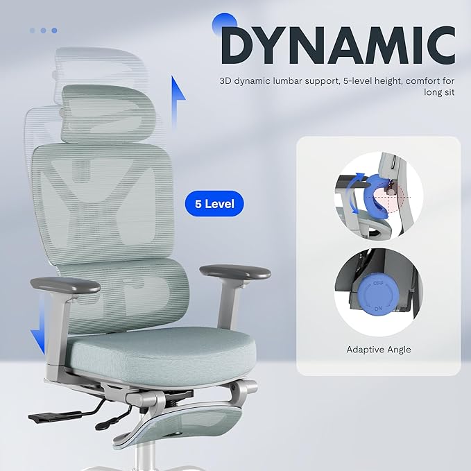 FLEXISPOT ErgoX Premium Ergonomic Office Chair with Footrest- Adjustable 3D Armrests, Dynamic Lumbar Support, Recline & Tilt Function, Mesh Seat, for Home & Office Use,Foam Blue