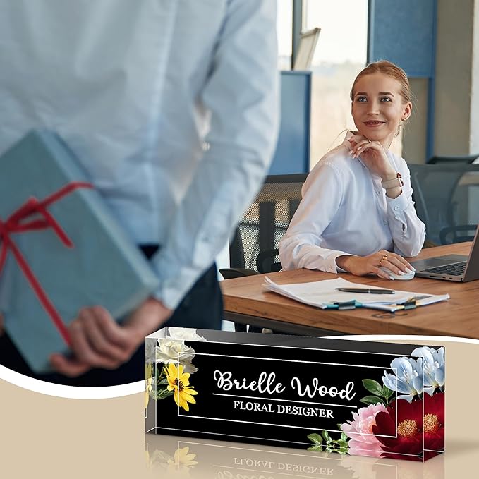 Ship Next Day Personalized Name Plate for Desk, Custom Acrylic Desk Name Sign, Office Appreciation Gifts for Women Men Coworkers Boss Teacher Employee (Flower)
