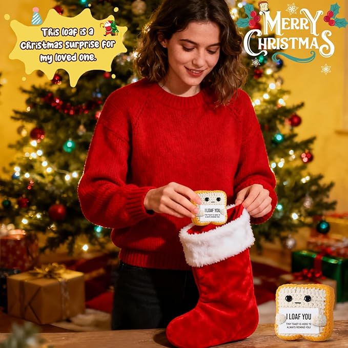 Gifts for Her Him Loved One, Crochet Toast “I Loaf You”, Romantic Present for Boyfriend Girlfriend, Funny Wedding Anniversary Birthday Gift for Women Men Couples Wife Husband Valentines Day Christmas