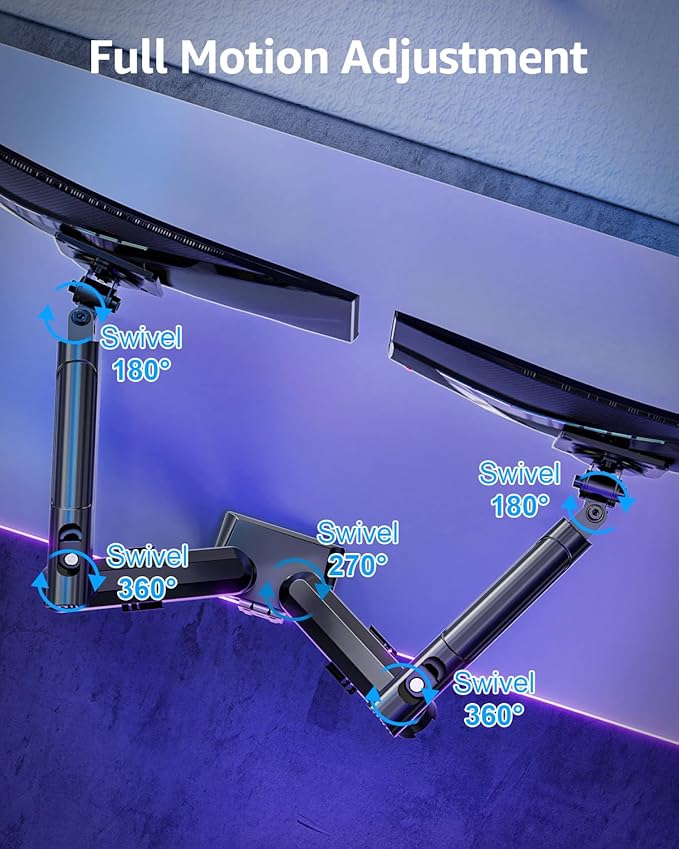 Dual Monitor Mount for 32 27 24 22inch Screens, Gas Spring Monitor Stand for 2 Monitor, Full Adjustable Monitors Desk Mount with C-Clamp&Grommet Base, Each Arm Holds 4.4-22 lbs, Freelift Pro Black