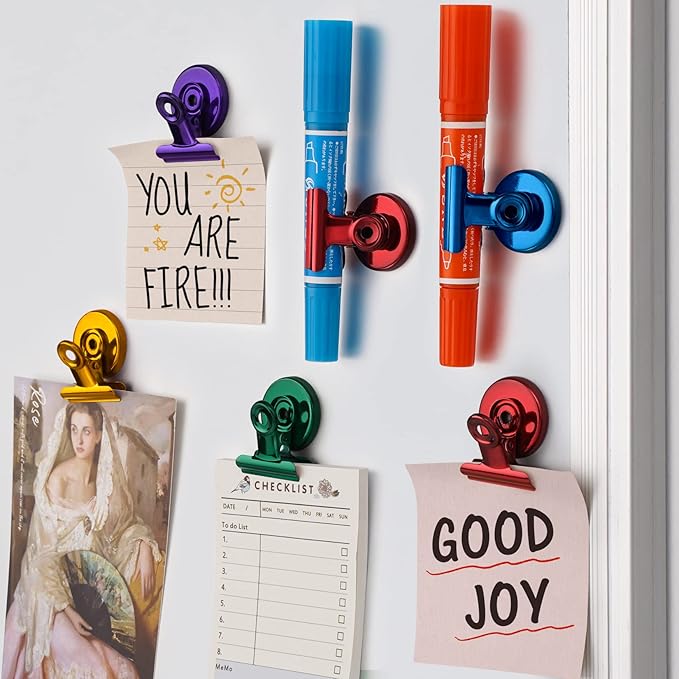 FINDMAG 12 Pack Magnetic Clips for Picture Hanging and Photo Display, Heavy Duty Scratch-Free Magnets for Refrigerator, Whiteboard, Fridge, Kitchen, Office, School, Classroom, Green.