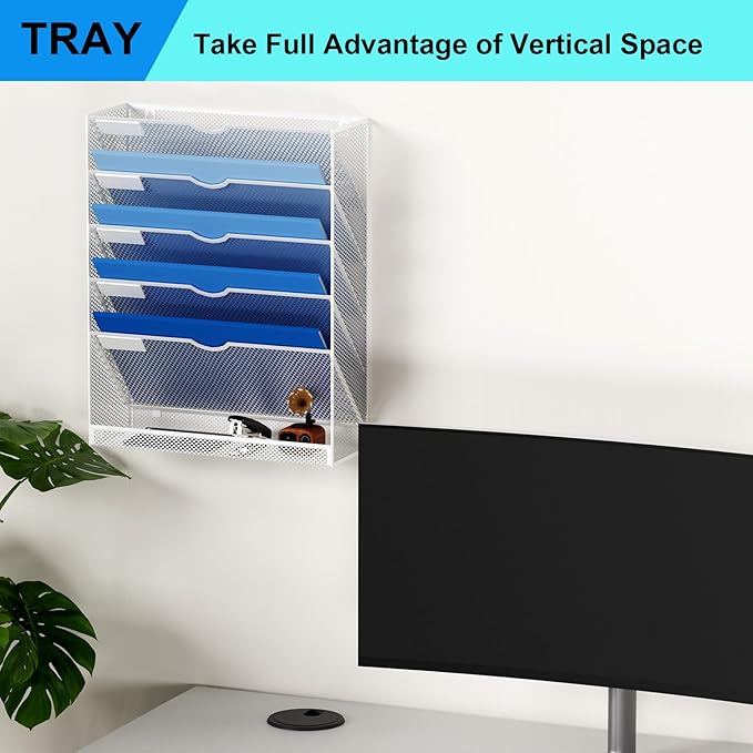Hanging Wall File Organizer 6 Tier Wall Mounted File Holder Document Wall Organizer Magazine Organization for Office Home, White