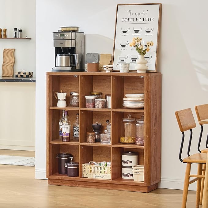 9 Cube Storage Book Shelf, 41" Tall Organizer Bookshelf with Curved Edge, Wood Floor Standing 3-Tier Cubby Bookcase with Base, Country Rustic Display Book Case for Library, Office, Brown