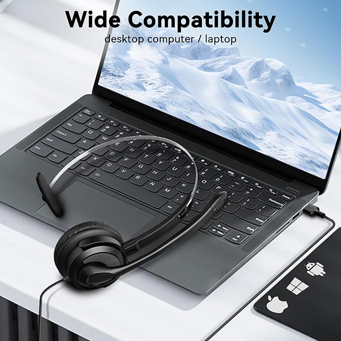 USB Headset with Microphone, Wired Computer Headset for Laptop/PC with Noise Cancelling Mic, Mono Headphones with in-Line Volume Control for Work, Office, Teams, Zoom, Skype, Online Class