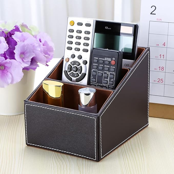 KINGFOM Remote Control Holder with 3 Compartments, Pu Leather Remote Caddy Desktop Organizer for TV, CD, Blu-Ray, Media Player, Heater Controllers and Cosmetics Office Supplies(Brown)