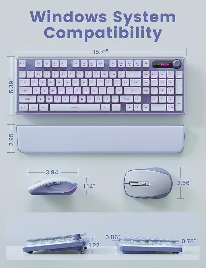 Wireless Keyboard and Mouse Combo - 9 Backlit Effects, Wrist Rest, Double-Shot Keycaps, Metal Panel, Long-Lasting Rechargeable, 2.4G Keyboard Mouse Set for Windows Mac PC Laptop – Sablute (Purple)