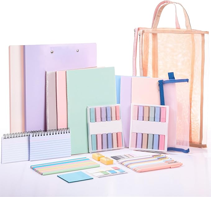 54 Pieces Aesthetic School Supplies Including Pastel Highlighters Document Bags Pencils Notebooks Pencil Pouch Ink Pens Sticky Notes Erasers Back to School Stationary Kit Supplies(Macaron Color)