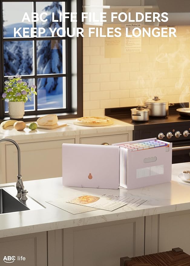 ABC life 26 Pockets Accordian File Organizer Expanding File Folders, Portable Letter A4 Size Filing Box,Plastic Monthly Receipt Document Organizer with Colored Tabs (Pinkish Purple)