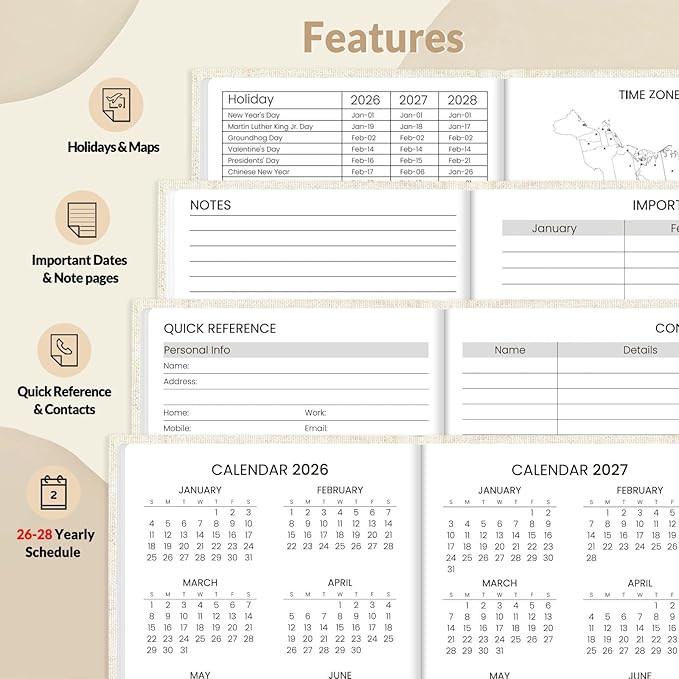 SUNEE 2026 Pocket Weekly Planner for Purse 3.5" x 6" - 12 Month (January 2026 - December 2026), Small Size Planner, Hardcover, Notes, Pocket, 100 GSM Paper, Beige